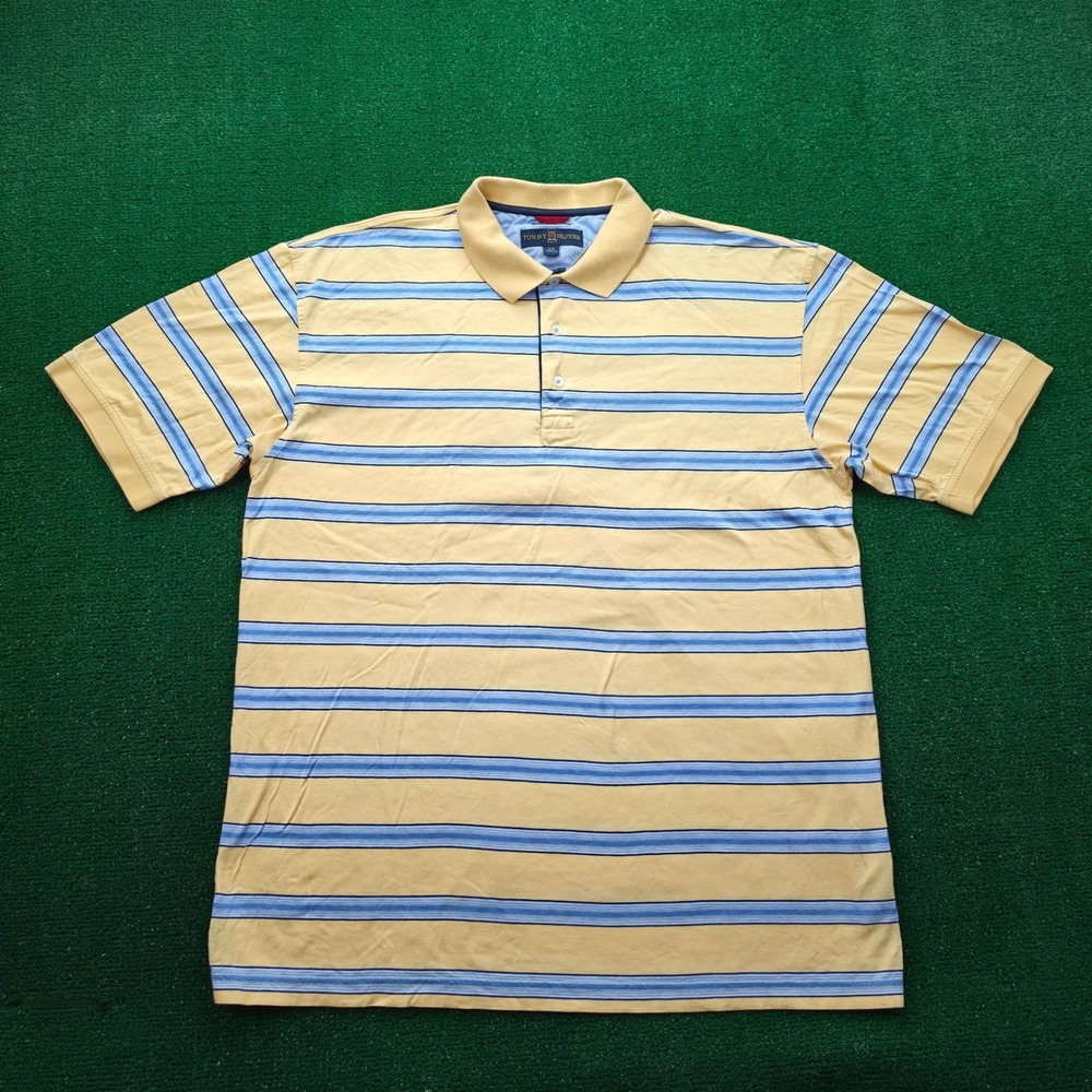 Vintage Tommy Hilfiger Golf Polo Shirt Mens Large Yellow Blue Striped